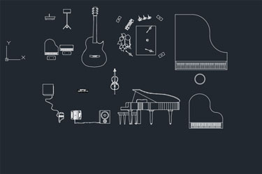 دانلود فایل معماری بلوک‌های کاد تجهیزات موسیقی در اتوکد